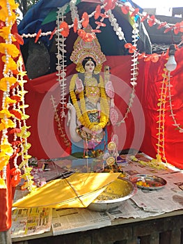 Community worship, Hindu  Goddess Debi Saraswati`s idol