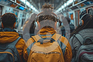 Commuter with Headphones on Urban Subway Train