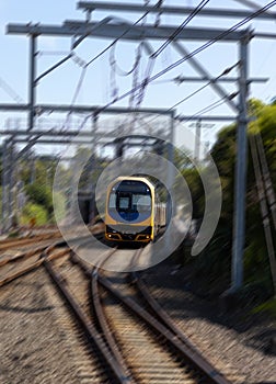 Commuter train approaching Central train station Sydney NSW Australia