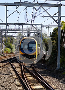 Commuter train approaching Central train station Sydney NSW Australia