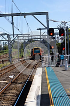 Commuter train approaching Central train station Sydney NSW Australia