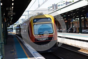 Commuter train approaching Central train station Sydney NSW Australia