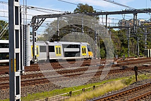 Commuter train approaching Central train station Sydney NSW Australia