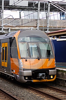 Commuter train approaching Central train station Sydney NSW Australia