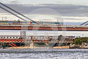 Commuter Train Crossing New Railway Suspension Bridge - Belgrade - Serbia