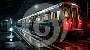 Commuter train at metro railway station at night. Neural network ai generated