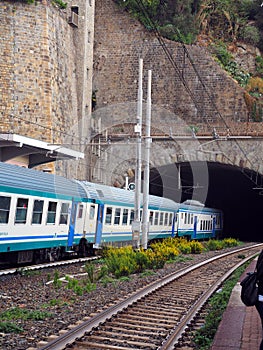 Commuter train railroad station built through mountain Cinque T