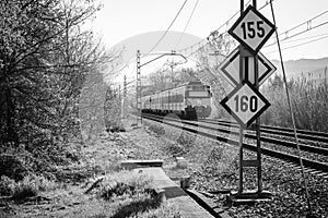 Commuter train running along a railway line.