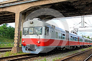 Commuter Train Under Bridge
