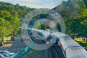 Commuter trains passing on curve
