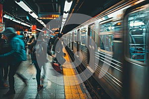 Commuters rushing on a crowded subway platform, moving towards their destinations, A crowded subway platform with commuters