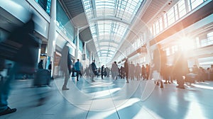 Commuters silhouettes in subway station, train station or airport. Rush Hour in public transport with abstract colorful