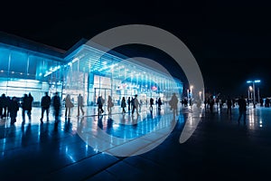 commuters at the train station at night photo