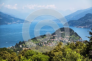 Como lake and Bellagio from above, view from Madonna del Ghisallo, Lecco, Italy photo