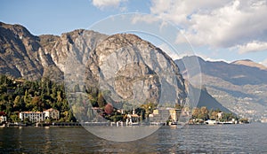 Como Lake, Italy. Panoramic View of Shoreline with Houses.