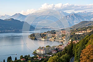 Como Lake Italy view with Alps mountains photo