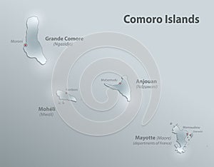 Comoro Islands map, design glass card 3D