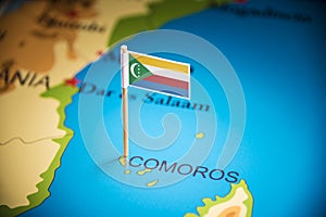 Comoros marked with a flag on the map