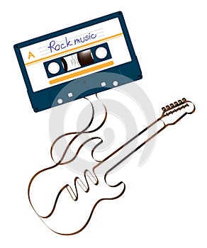 Compact audio cassette dark blue color and Electric guitar shape made from analog magnetic audio tape illustration