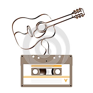 Compact audio cassette green color and Acoustic guitar shape made from analog magnetic audio tape illustration