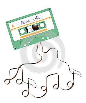 Compact audio cassette green color and Music note shape made from analog magnetic audio tape illustration