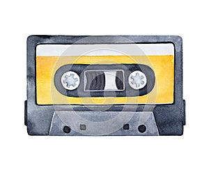 Compact audio cassette watercolour illustration.