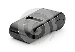 Compact black portable label maker device on white background