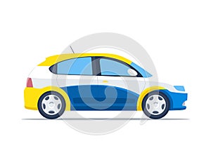 Compact blue and yellow hatchback car side view on white background. Modern urban vehicle design. Transport and