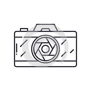 Compact camera concept icon, linear isolated illustration, thin line vector, web design sign, outline concept symbol