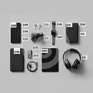 A compact camera for 199, two smartwatches each at 129 and 249, a