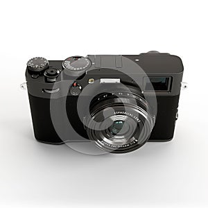 a compact camera on white with a lens attached to the front