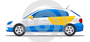 Compact car with blue and yellow design, side view on white background. Modern city vehicle, personal transportation