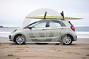 compact car with soft rack for surfboards, parked at beach