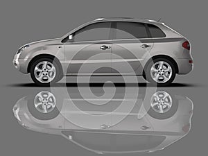 Compact city crossover metallic color on a gray glossy background with reflections. 3d rendering.