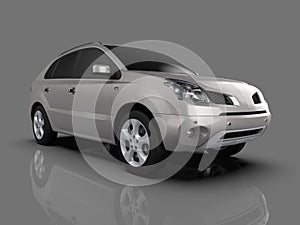 Compact city crossover metallic color on a gray glossy background with reflections. 3d rendering.