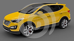 Compact city crossover yellow color on a gray background. 3d rendering.