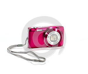 Compact digital camera, pink color.On isolated white background.