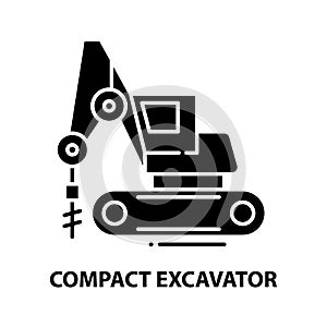 compact excavator symbol icon, black vector sign with editable strokes, concept illustration