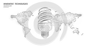 Compact fluorescent lamp energy saving concept. Polygonal low poly world planet globe map. Eco save ecology environment