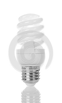 Compact fluorescent light bulb close up isolated on white.