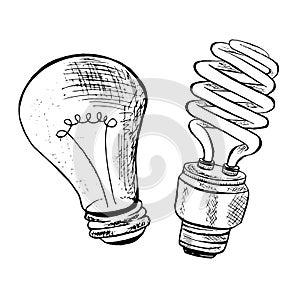 Compact fluorescent light bulb and light bulb sketch. Ink sketch bulb icons