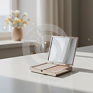 A compact makeup case with a mirror sits open on a white surface. The case contains