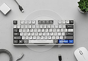 Compact mechanical keyboard with a mix of white, gray, and black keys featuring a notable blue