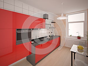 Compact modern red kitchen.