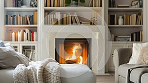 A compact offwhite fireplace sits nestled between two builtin bookshelves its simple design blending seamlessly with the photo