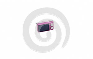 Compact pink digital camera isolated on white background.