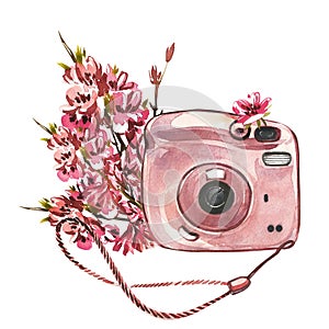 Compact pink instant photo camera with branch flowers isolated on white background. Watercolor hand drawing illustration