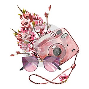 Compact pink instant photo camera, flowers, sunglasses isolated on white background. Watercolor hand drawn illustration