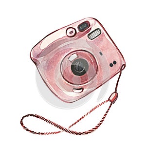 Compact pink instant photo camera isolated on white background. Watercolor handrawn illustration. Art for fashion design