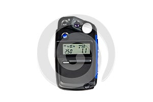 Compact and portable light meter for studio flash  photography isolated on white background.